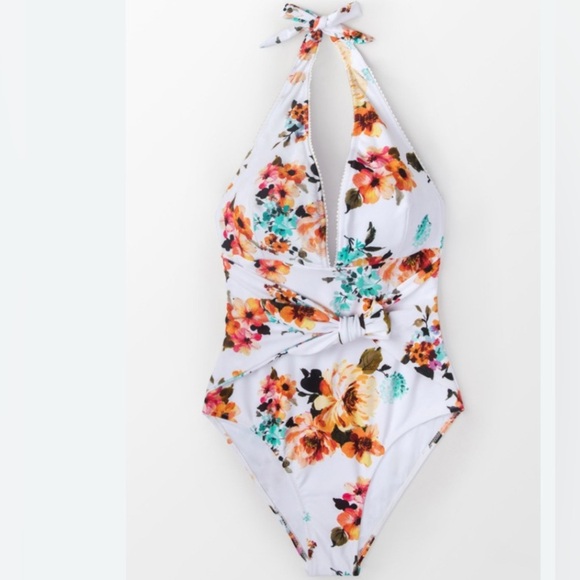 Cupshe Size XL White/Orange Floral Padded One-Piece Halter Swimsuit. - Picture 2 of 10